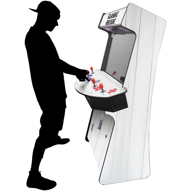 Silhouette playing White wood-grain 4-player Slim Stand-up Arcade Game