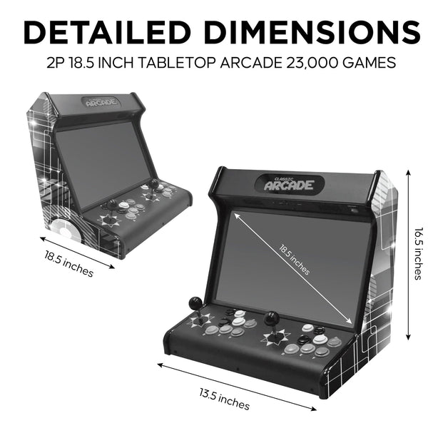Detailed dimensions and 2p 18.5 inch tabletop arcade