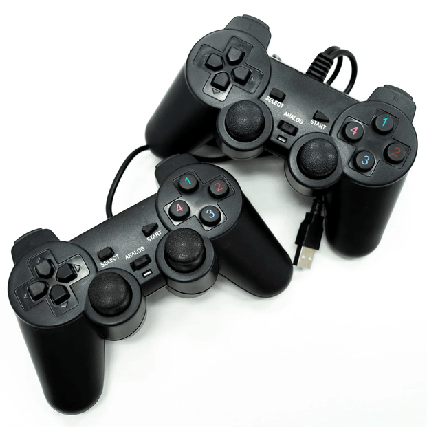 Two Black Wired Game Controllers
