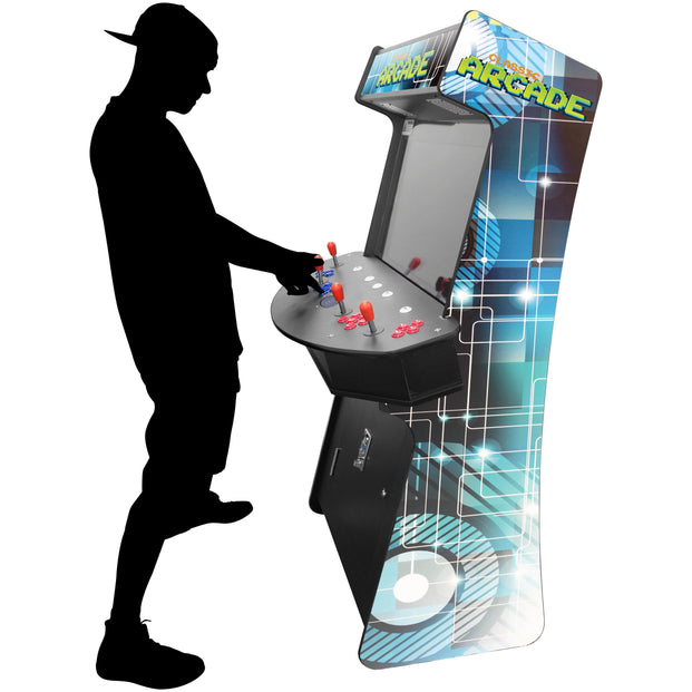 Person Playing 4P Slim Stand Up Arcade Machine