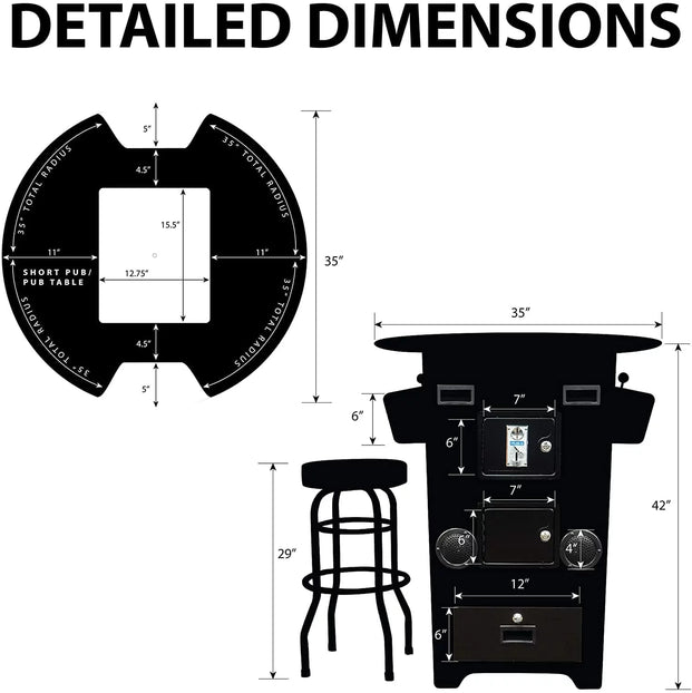 Deatiled Dimensions Tall Pub Cocktail Arcade Machine