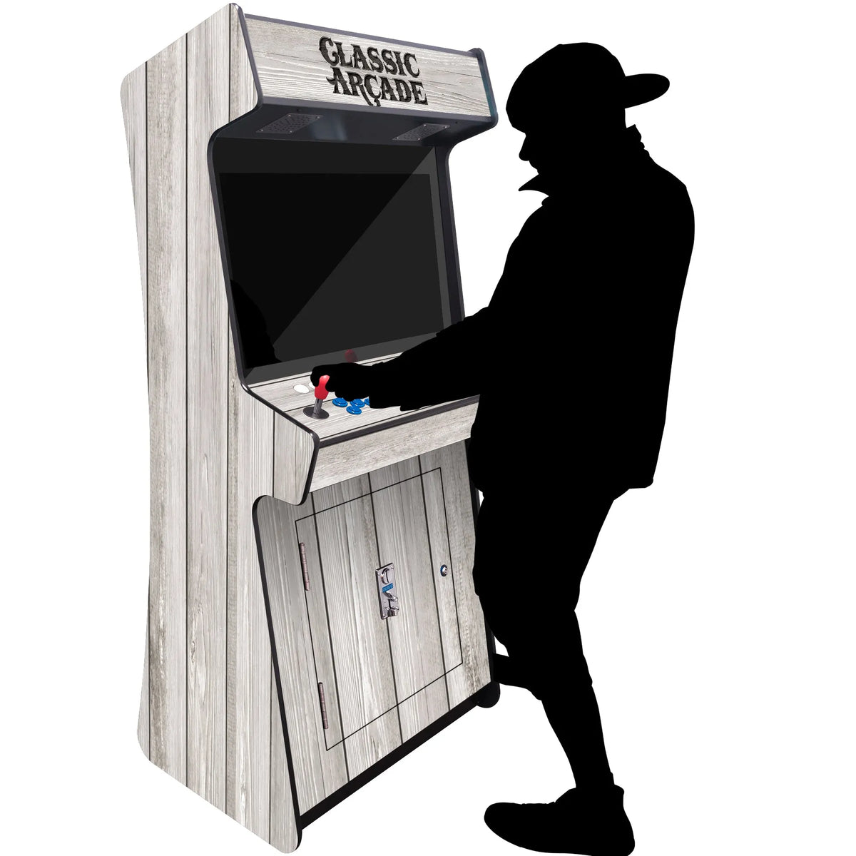 Person Playing Game 2P Slim Stand Up Arcade Machine
