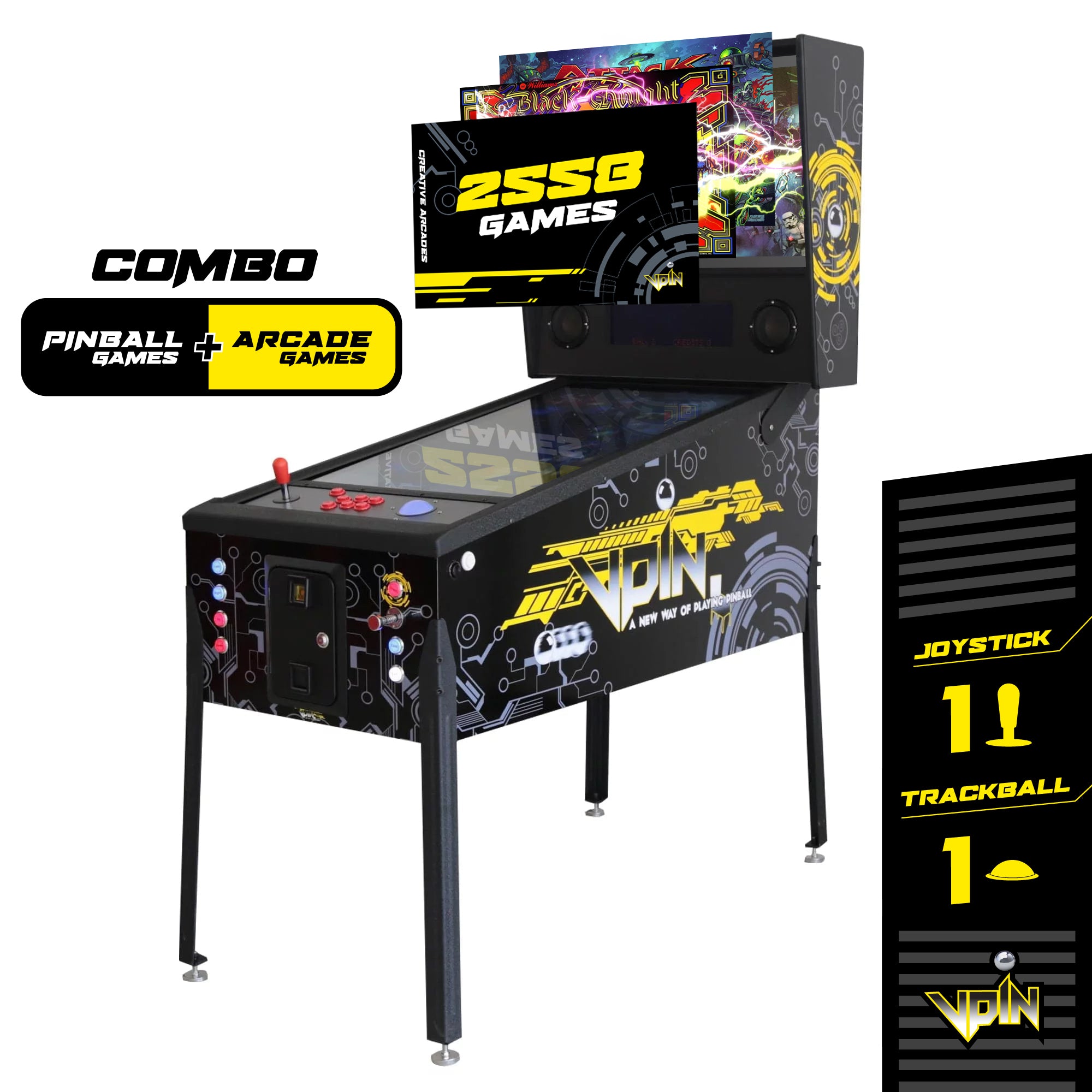 Pincade Combo Virtual Pinball Machine | 2558 Classic Pinball & Arcade Games | 1 Joystick 1 Trackball | 32" and 49" Screens | VPin Pinball