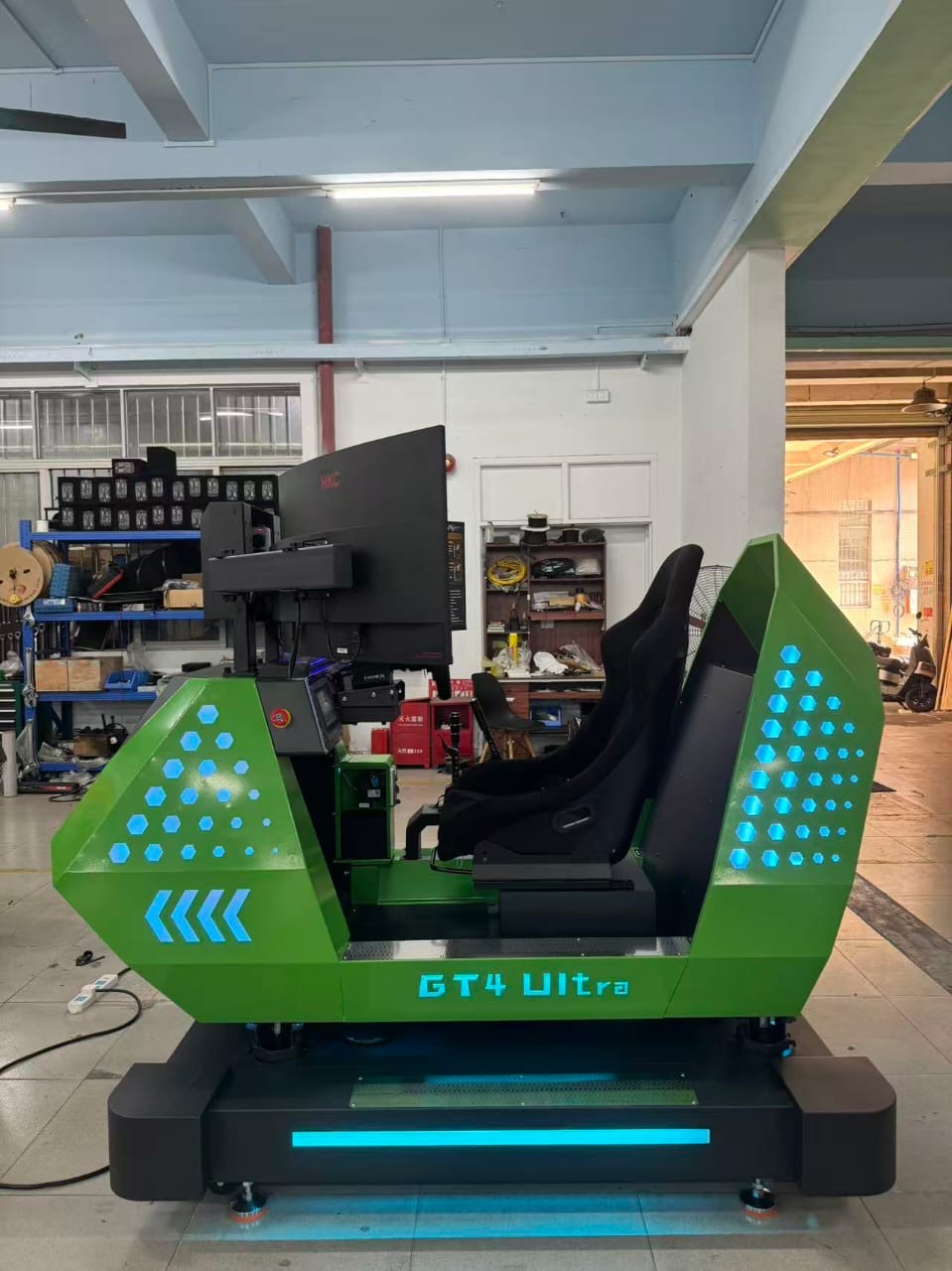 GT4 Ultra™ Sit Down Motion Hydraulic Cockpit Racing System with 180 degree Wide Screen Play and LED Cabinet Lights