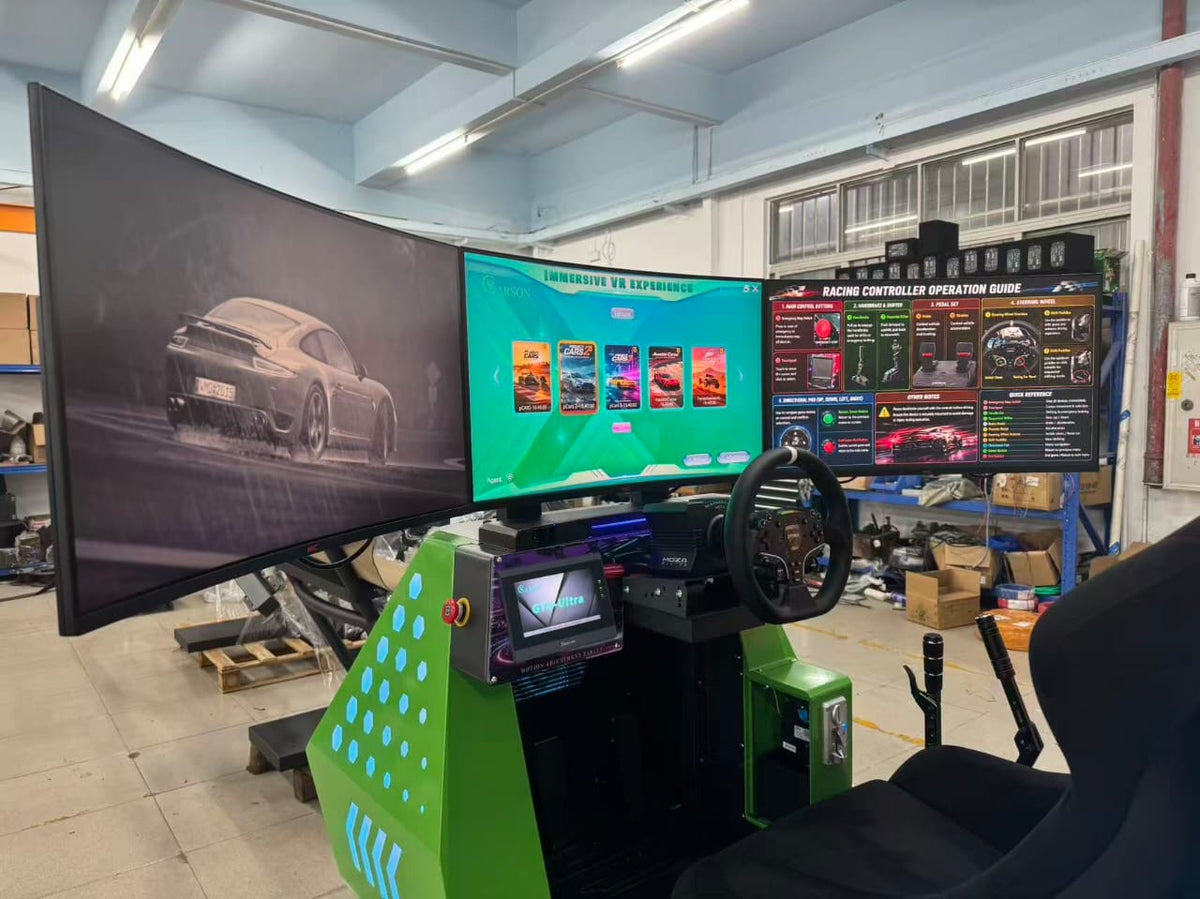 GT4 Ultra™ Sit Down Motion Hydraulic Cockpit Racing System with 180 degree Wide Screen Play and LED Cabinet Lights