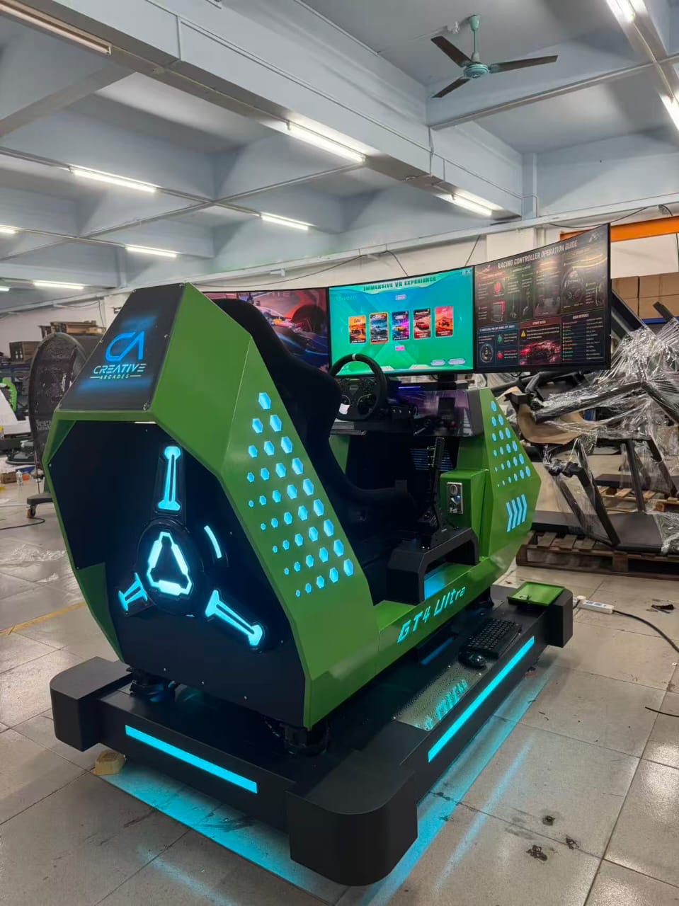 GT4 Ultra™ Sit Down Motion Hydraulic Cockpit Racing System with 180 degree Wide Screen Play and LED Cabinet Lights
