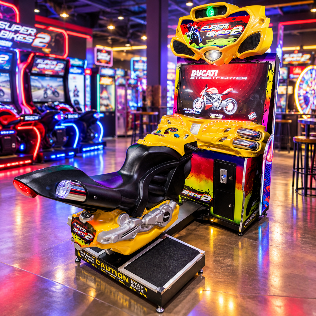 Super Bikes 2™ Sit Down Motorcycle Arcade with 43" Big Screen, Tilting Seat and LED Lighting