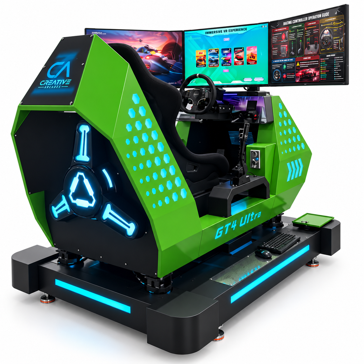 GT4 Ultra™ Sit Down Motion Hydraulic Cockpit Racing System with 180 degree Wide Screen Play and LED Cabinet Lights