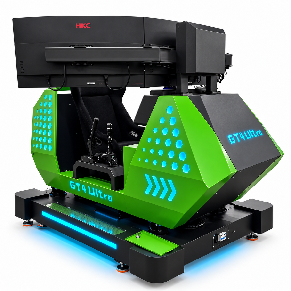 GT4 Ultra™ Sit Down Motion Hydraulic Cockpit Racing System with 180 degree Wide Screen Play and LED Cabinet Lights