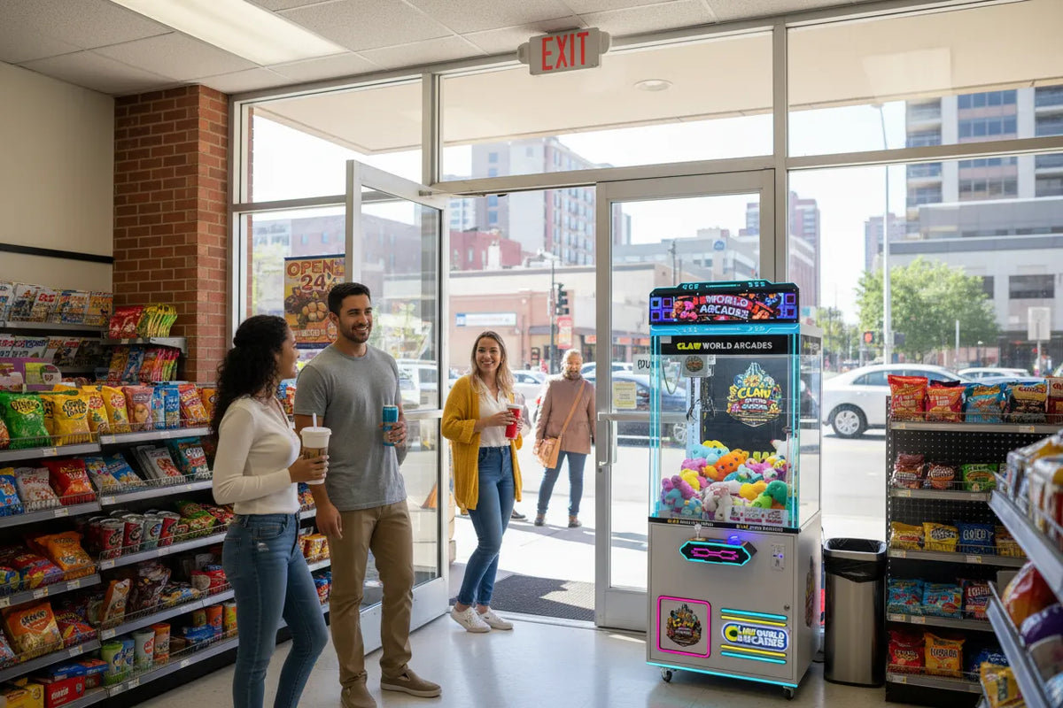 People standing outside a convenience store with a prize machine in the foreground.