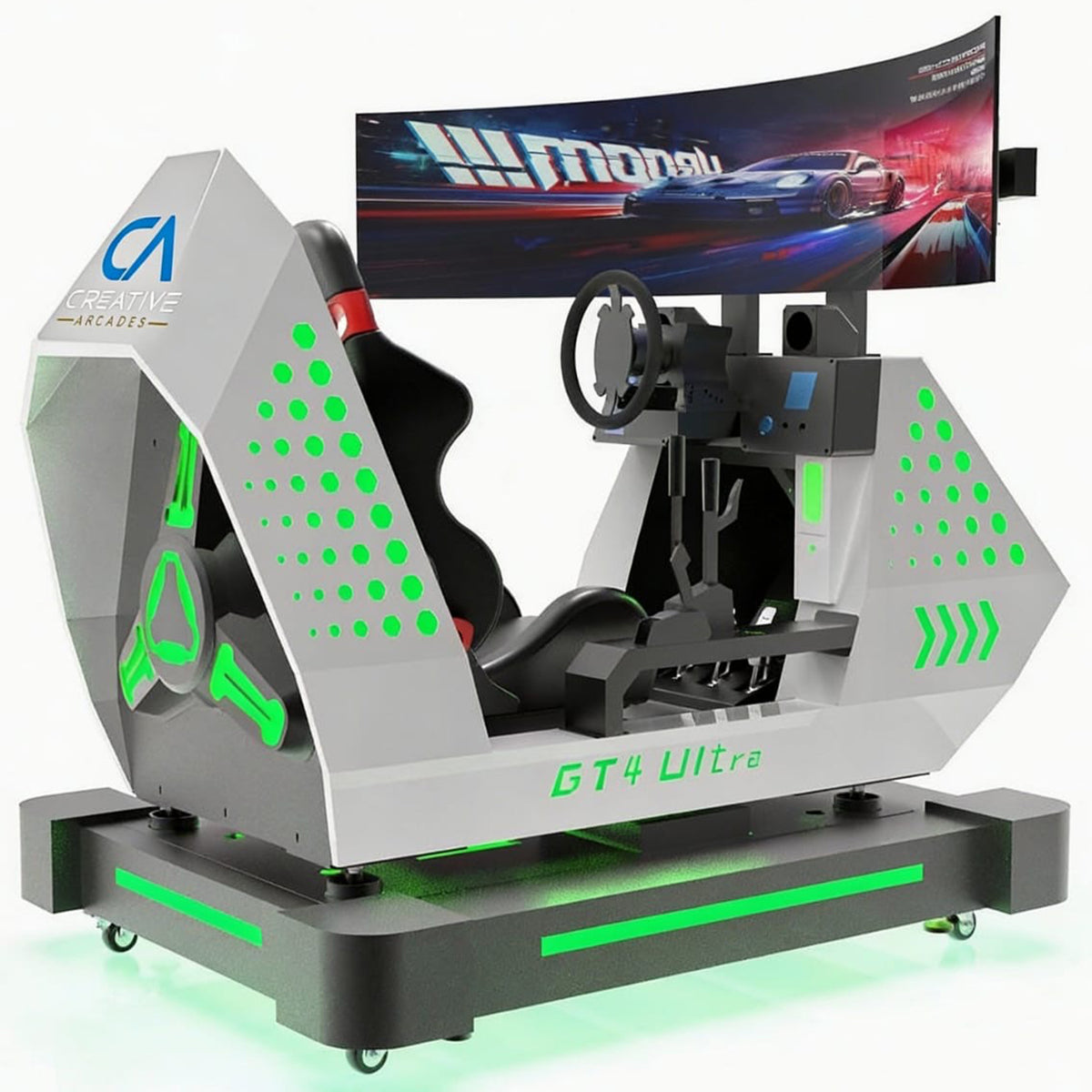 GT4 Ultra™ Sit Down Racing System with 60 inch 180 degree Wide Screen Play and LED Cabinet Lights, Creative Arcades