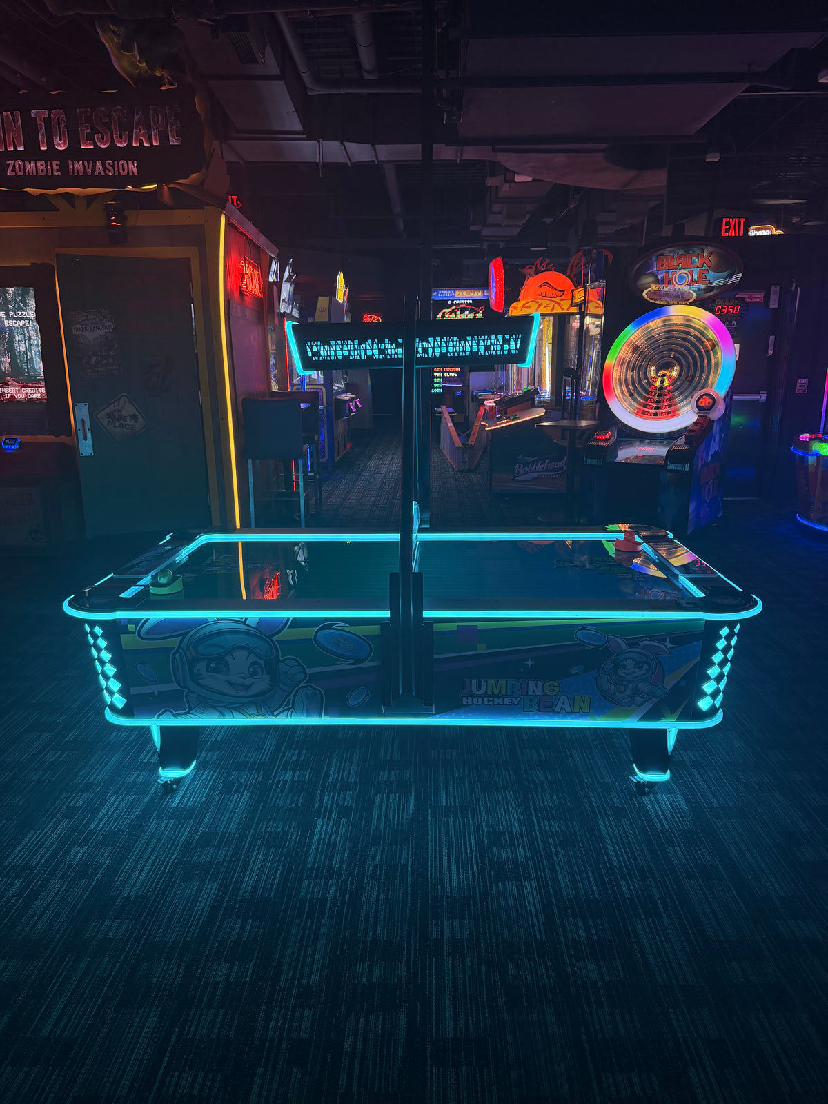 Bouncing Bunny™ Jumping Bean Air Hockey Table with Neon Cabinet Lights and Digital Scoreboard