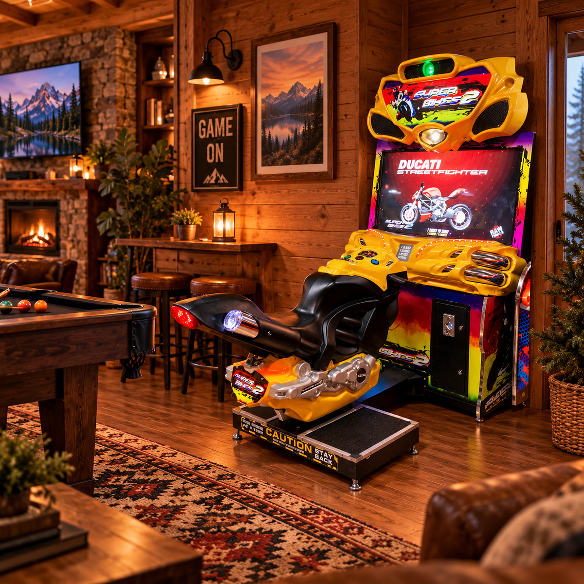 Super Bikes 2™ Sit Down Motorcycle Arcade with 43" Big Screen, Tilting Seat and LED Lighting
