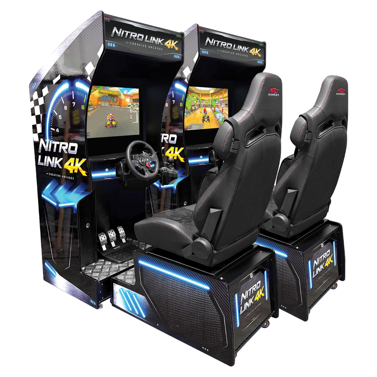 Nitro Link 4K™ Set of 2, 4, or 6 Sit Down Racing Simulator Arcade Machines with Neon Cabinet Lights and 236 Games