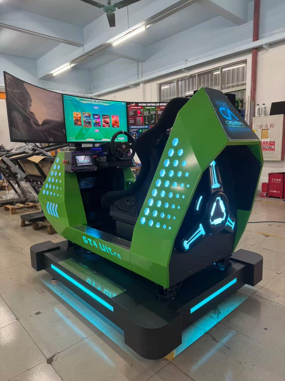 GT4 Ultra™ Sit Down Motion Hydraulic Cockpit Racing System with 180 degree Wide Screen Play and LED Cabinet Lights
