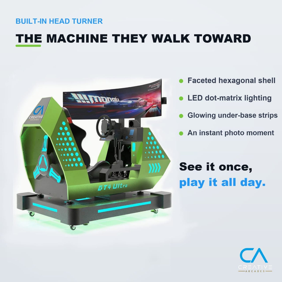 GT4 Ultra™ Sit Down Racing System with 60 inch 180 degree Wide Screen Play and LED Cabinet Lights, Creative Arcades