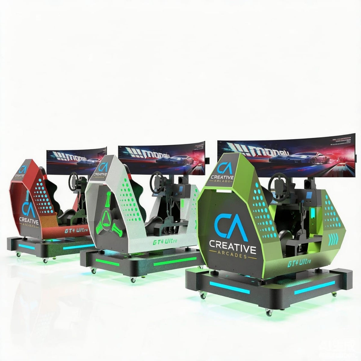 GT4 Ultra™ Sit Down Racing System with 60 inch 180 degree Wide Screen Play and LED Cabinet Lights, Creative Arcades