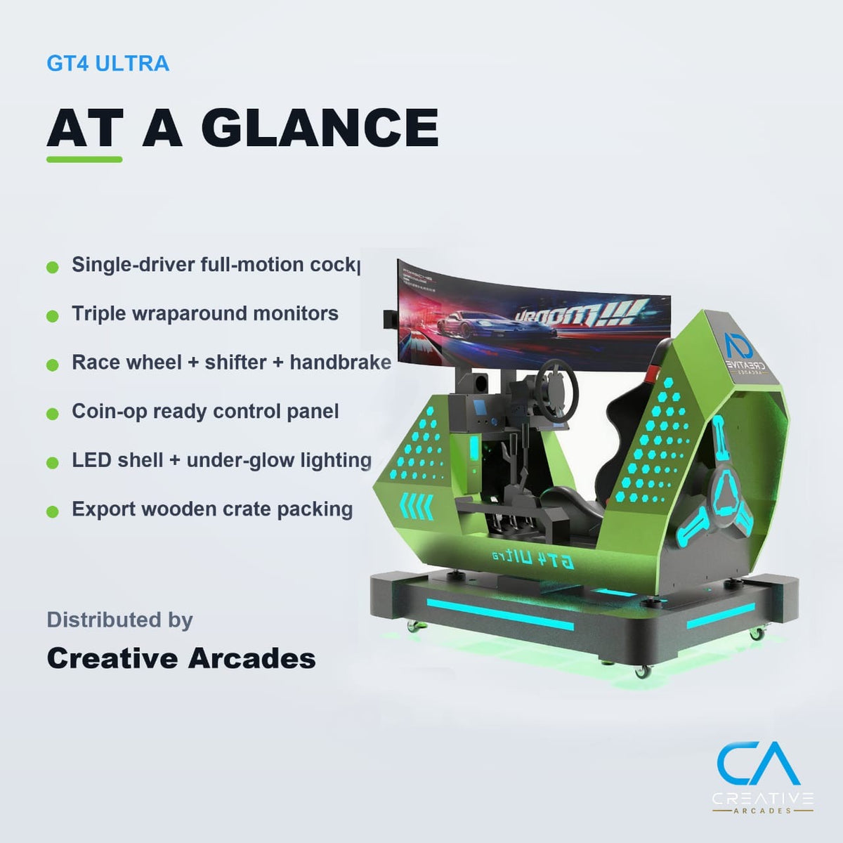 GT4 Ultra™ Sit Down Racing System with 60 inch 180 degree Wide Screen Play and LED Cabinet Lights, Creative Arcades
