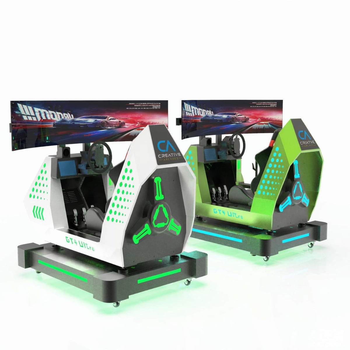 GT4 Ultra™ Sit Down Racing System with 60 inch 180 degree Wide Screen Play and LED Cabinet Lights, Creative Arcades