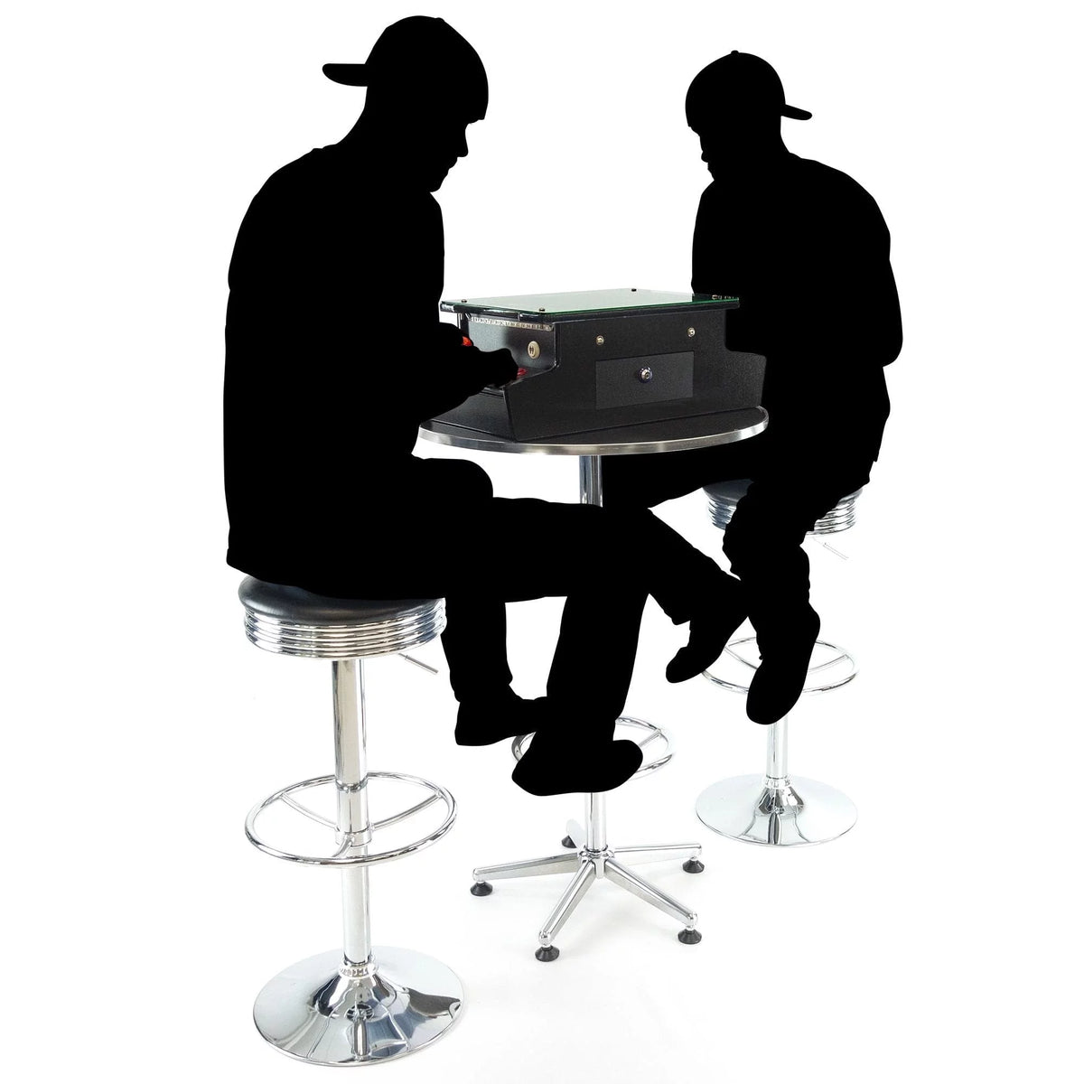 Silhouettes Of Two People Playing A Tabletop Arcade Machine On Stools