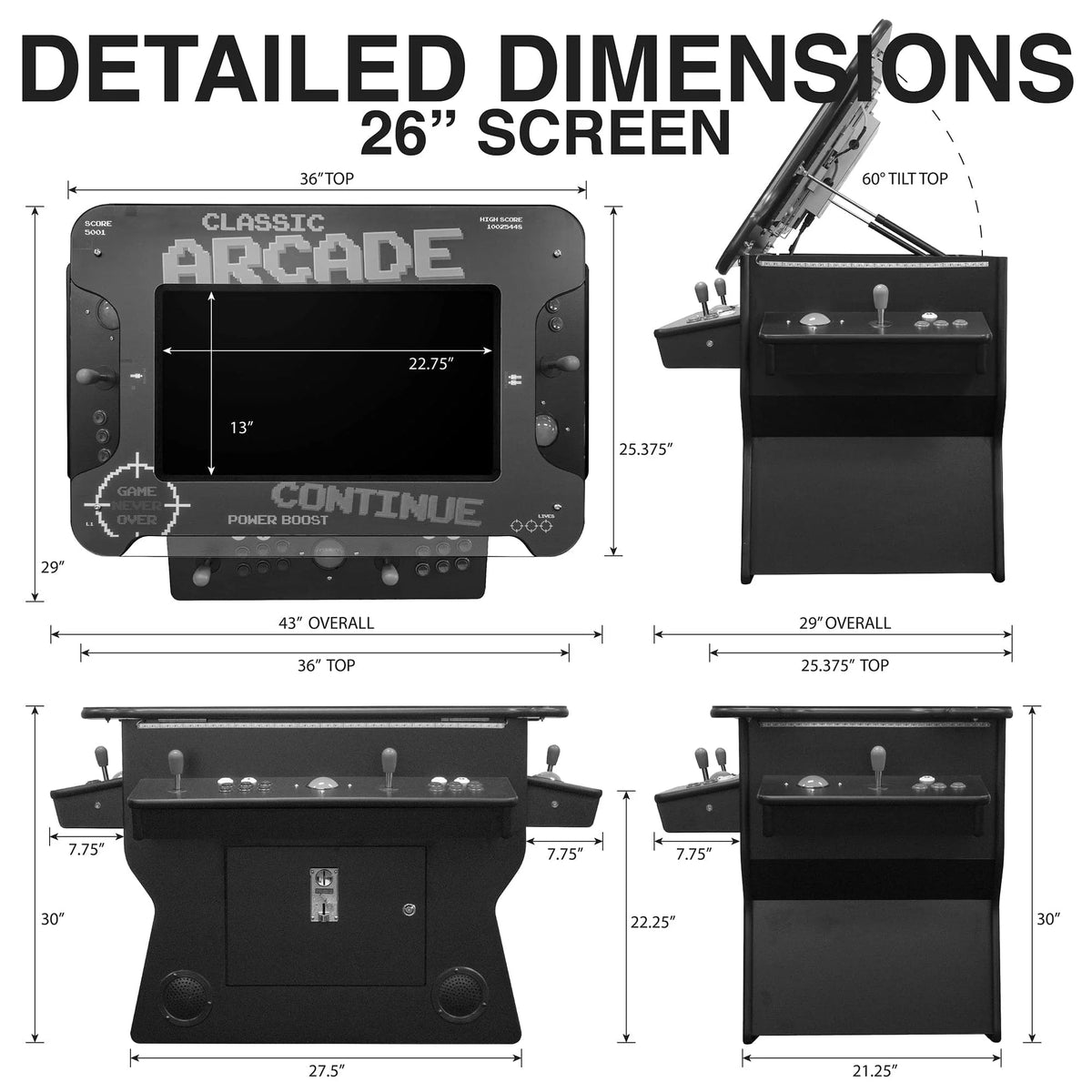 Detailed Dimensions 3-Sided Tilt Cocktail Table Arcade Machine