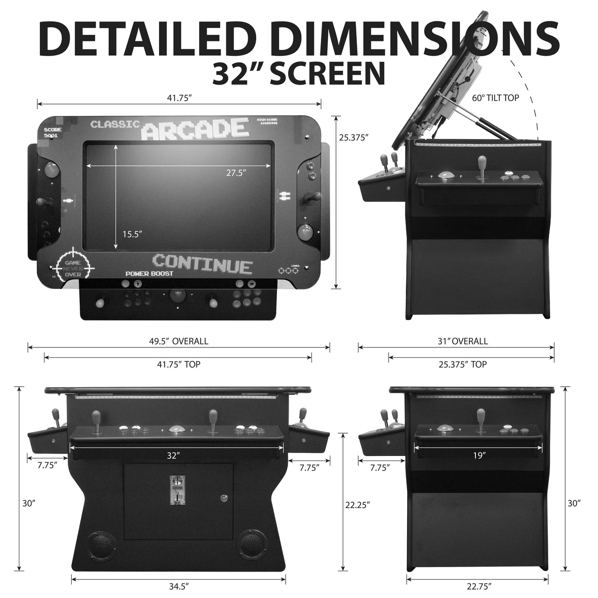Detailed Dimensions 3-Sided Tilt Cocktail Table Arcade Machine