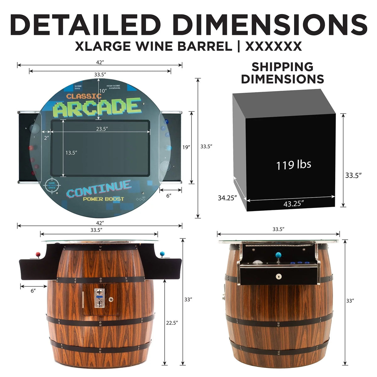 Detailed Dimensions Wine Barrel Cocktail Arcade Machine