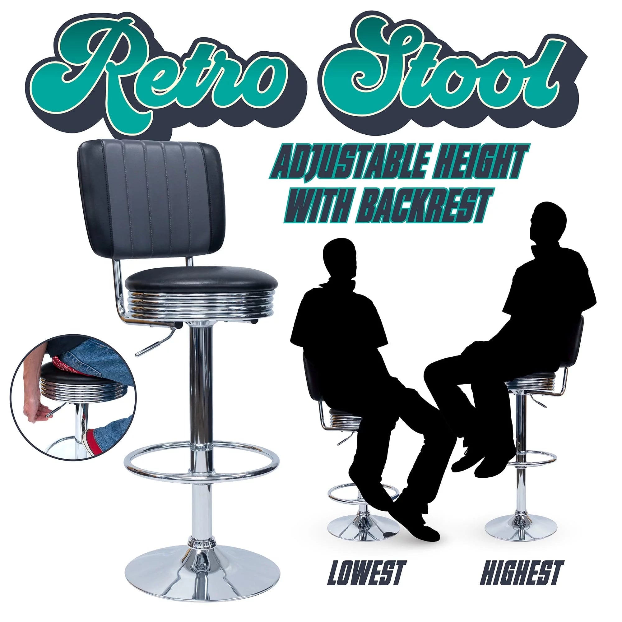 Detailed Dimensions Retro Adjustable Bar Stool with Backrest