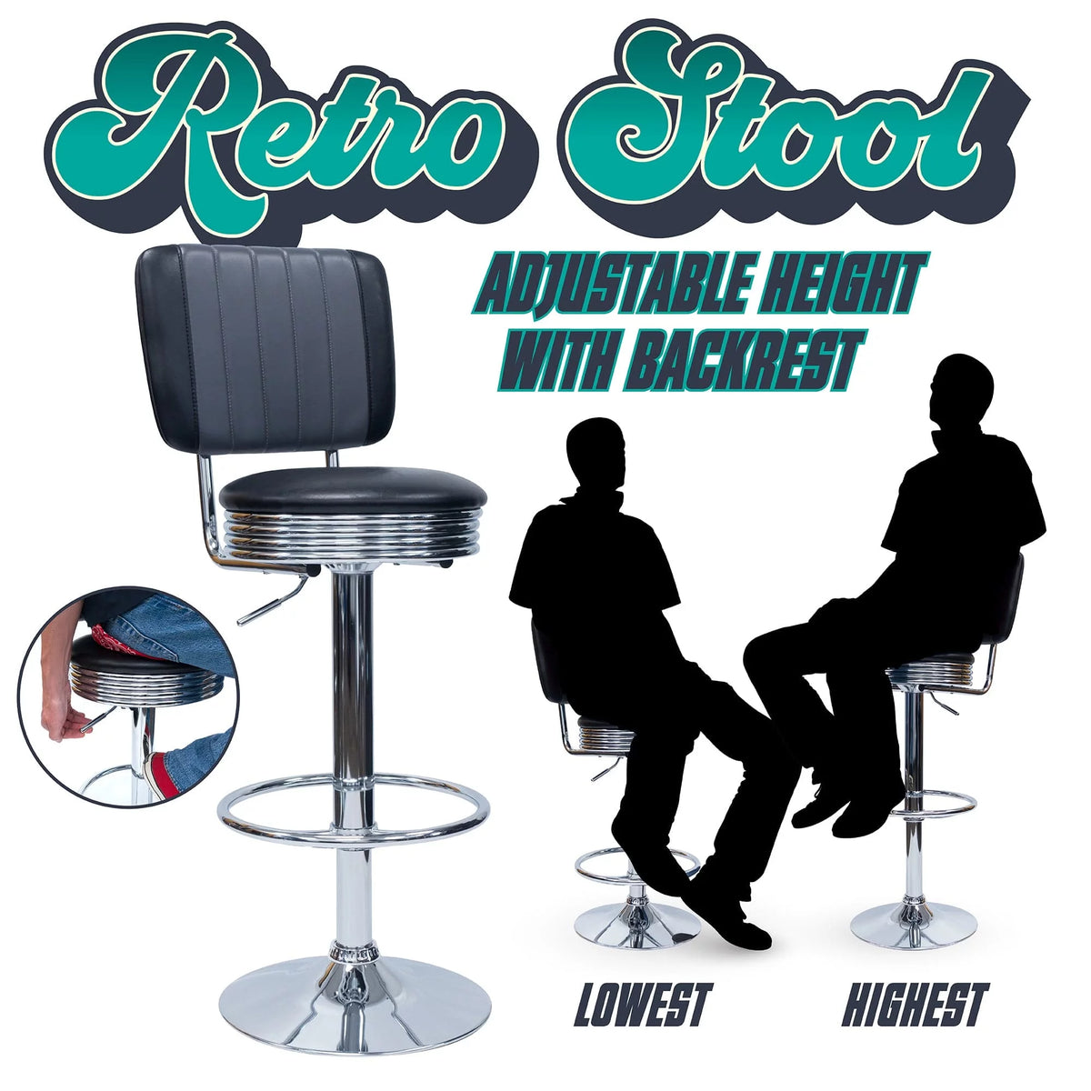 Detailed Dimensions Retro Adjustable Bar Stool with Backrest